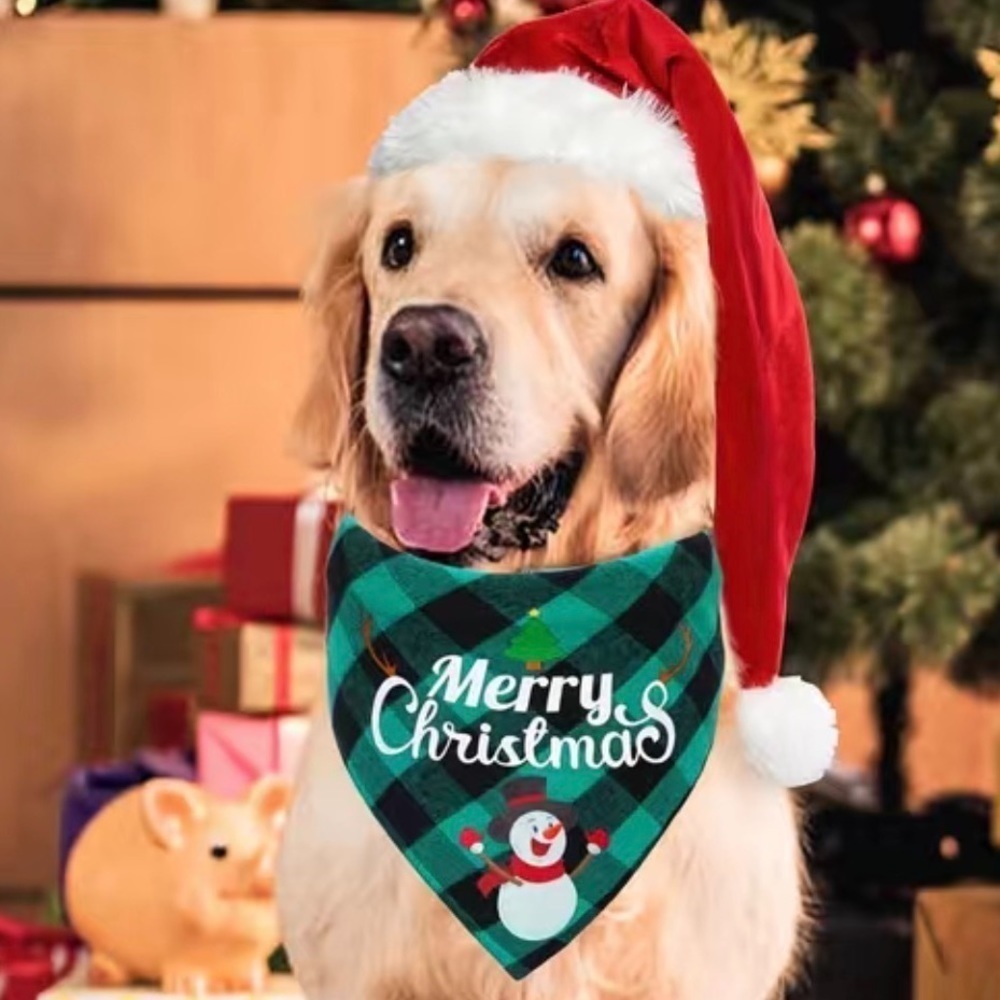 Christmas Dog Bandanna Tartan Plaid Merry Christmas Graphic Tie On Green 19" OS